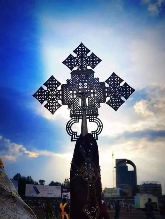 Ethiopian Orthodox processional cross beneath the sky